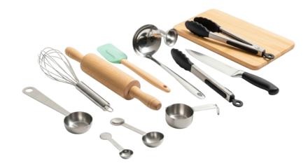Essential Kitchen Utensils and Baking Tools Collection on White
