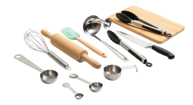 Essential Kitchen Utensils and Baking Tools Collection on White - Powered by Adobe