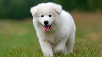 Playful fluffy white puppy running joyfully across a lush green field with vibrant nature backdrop and bright sunshine illuminating the scene