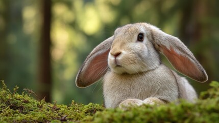 Cute grey rabbit with large ears sitting on green moss in a peaceful forest setting with blurred trees in background, showcasing natural beauty and wildlife.