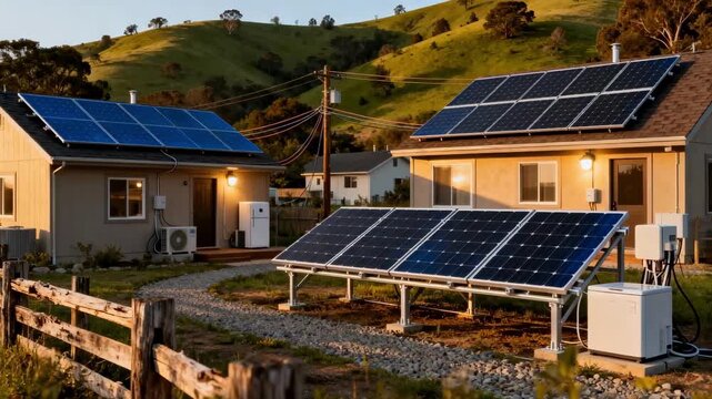 Medium shot of a rural community microgrid with solar panels powering homes showcasing energy independence and sustainable living in remote areas.