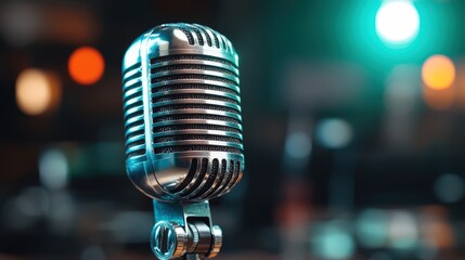 A vintage-style microphone stands poised on stage, representing the heart of musical performance and creativity, where countless stories and emotions unfold through the power of song.