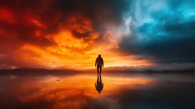 A dramatic silhouette of a man walking on a reflective surface against a vibrant sunset, portraying solitude, reflection, and the profound beauty of nature's transformation at dusk.