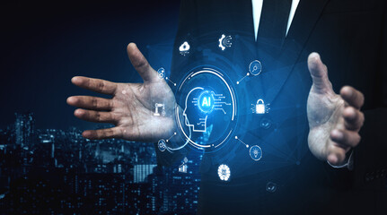 A concept of a global AI ecosystem centered on digital intelligence. Network integrates diverse applications like industrial automation, cloud computing, and fintech for worldwide innovation. Fermion