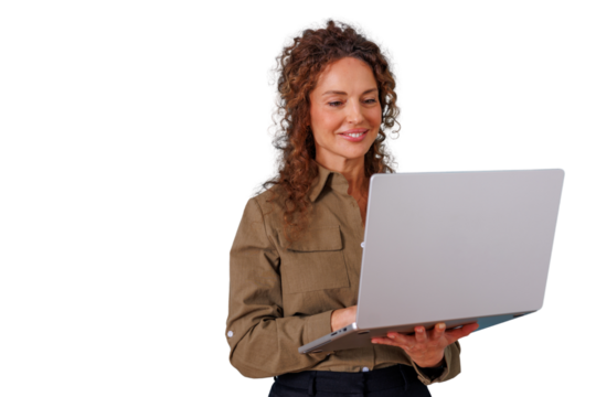 Professional businesswoman smiling, working online with laptop, communicating, managing remote work, transparent background
