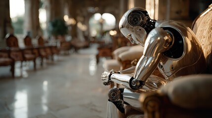 A graceful robot rests peacefully in an elegant hall, illustrating the blend of advanced technology and serene luxury, provoking thoughts about future society and human-like capabilities.