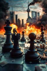 A close-up view of chess pieces surrounded by a chaotic urban backdrop, representing the strategic mindset needed in life, highlighting the contrast between order and chaos in human existence.