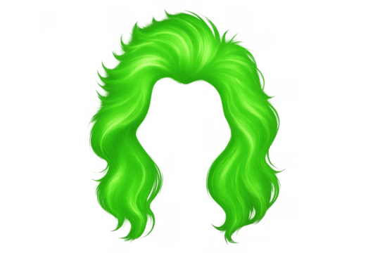 Bright green neon hair wig for costume party or cosplay fun, creating a vibrant fantasy hairstyle on transparent background