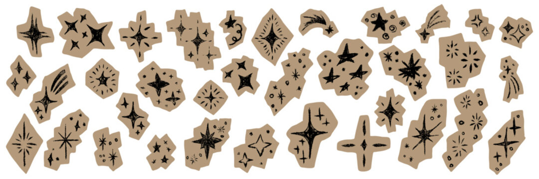 Grunge hand drawn set star and sparkle sticker. Textured doodle celestial elements with rough edges. Cutout paper scrapbook decoration in chalk trendy style. Isolated vector illustration for design