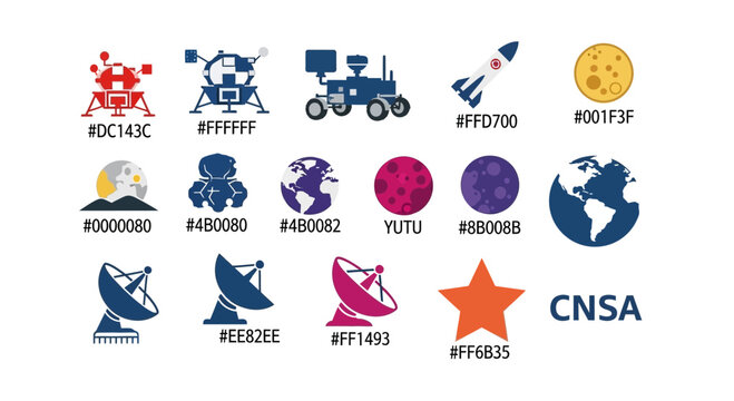 Various space exploration themed icons with color codes, representing lunar missions and technology