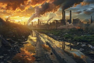 An industrial roadway littered with refuse reflects a somber sunset, encapsulating the themes of environmental degradation and the stark contrast between beauty and neglect in modern society.