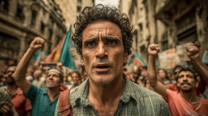Obraz premium Concerned Man in a Crowded Protest with Flags and Signs