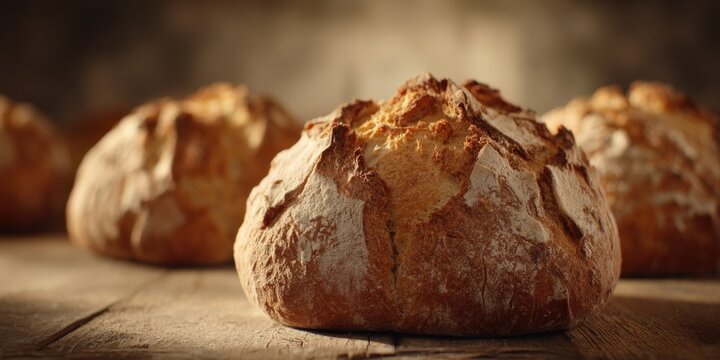 Rustic Bread Loaves on Wooden Table with Soft Lighting