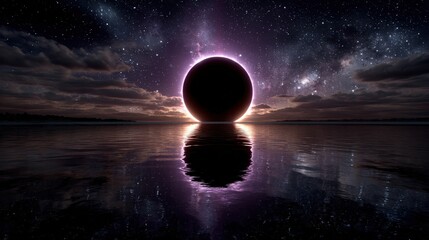 A spectacular cosmic scene features a dark planet silhouetted against a vibrant starry sky, symbolizing the vast universe's mystery and igniting human imagination and exploration dreams.