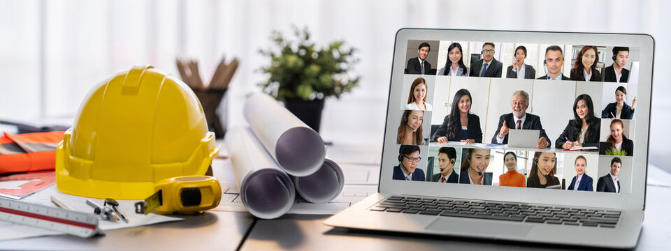 Business people on video conference for brisk virtual group meeting of corprate business office workers