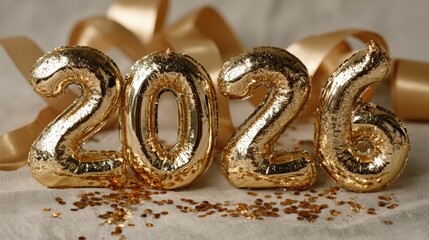 Obraz premium Glittering Gold 2026 Numbers with Confetti and Ribbons