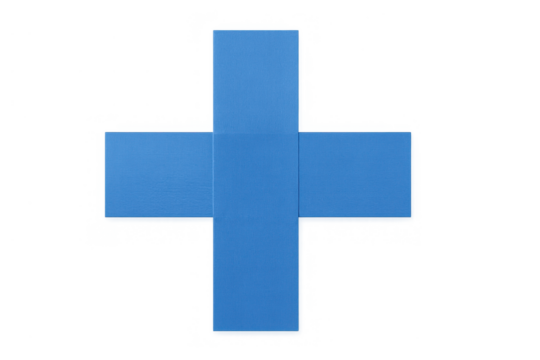 Blue cross symbol made with duct tape on transparent background representing medical care, health, first aid, plus sign