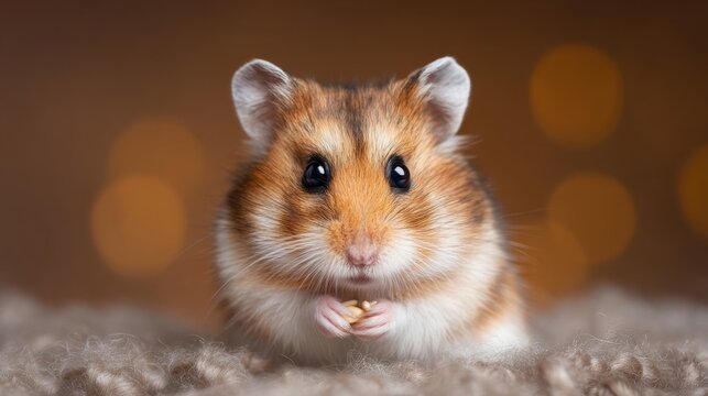 Adorable close-up of a cute hamster holding food in its tiny paws, set against a soft, blurred golden background with warm bokeh lights