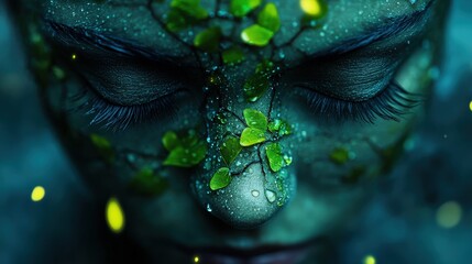 This serene, dream-like portrait showcases a woman's closed eyes adorned with delicate leaves and droplets, representing tranquility and the beauty of nature embracing humanity.