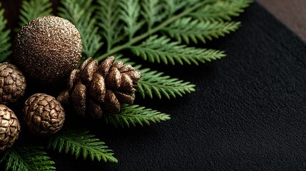 Void black-gold frame: pine cones & gold decor, mega copy-space for December calendar, NFT luxe card, jewelry Xmas ad, pep greeting