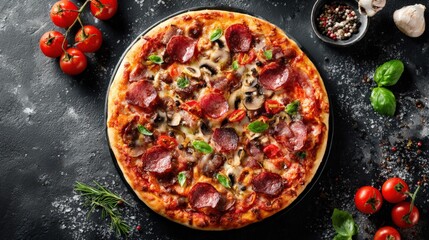 Delicious Pepperoni Pizza with Fresh Ingredients on Dark Surface