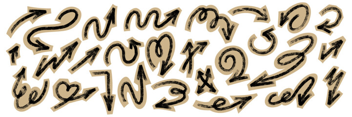 Grunge brush stroke scrapbook arrows set in cutout collage style. Hand drawn black crayon, chalk texture on beige paper background. Vintage craft zine diy aesthetic. Vector illustration isolated