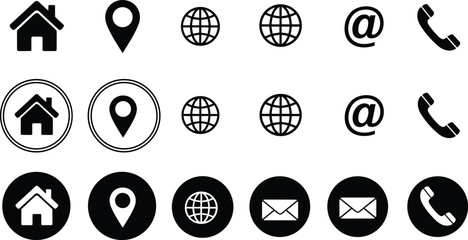 Contact icons set, home, location, globe, email, phone, envelope, black white symbols, circular styles, interface design, navigation elements