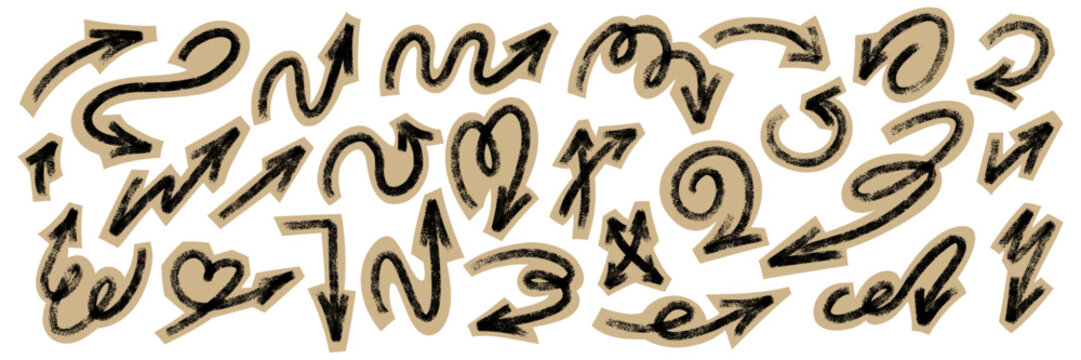 Grunge brush stroke scrapbook arrows set in cutout collage style. Hand drawn black crayon, chalk texture on beige paper background. Vintage craft zine diy aesthetic. Vector illustration isolated