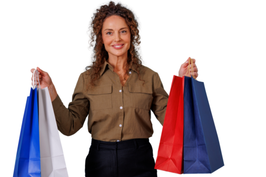 Happy woman holding colorful shopping bags, smiling after successful purchase, consumerism and retail concept, transparent background