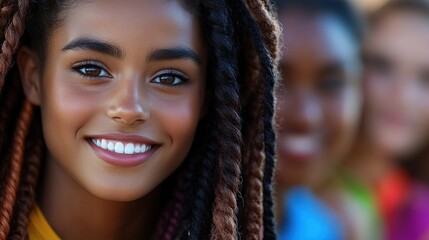 A joyful portrait showcasing a young woman with vibrant, braided hair smiling warmly, representing unity and diversity in a bright, cheerful atmosphere filled with youthful energy.