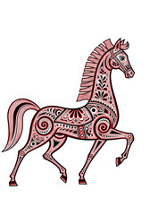 Stylized horse with intricate red and black ethnic tribal patterned design on transparent background. Decorative animal art for mythology concept.
