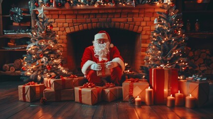 Elderly man in santa costume delivering christmas gifts by the fireplace and tree, festive spirit