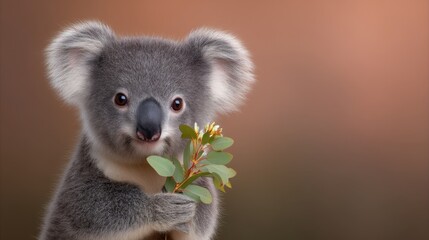 Fototapeta premium Adorable koala holding a sprig of eucalyptus leaves with a soft blurred background capturing the essence of wildlife in a natural habitat