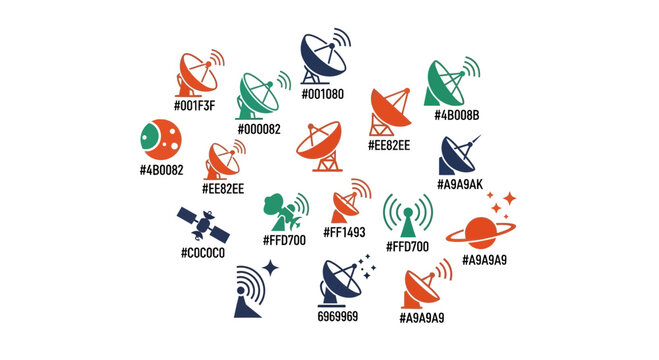 Colorful satellite communication elements set with hex color codes for graphic design projects