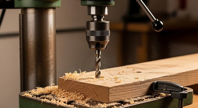 Metal Drill Press Drilling Hole Into Wooden Plank Close-up
