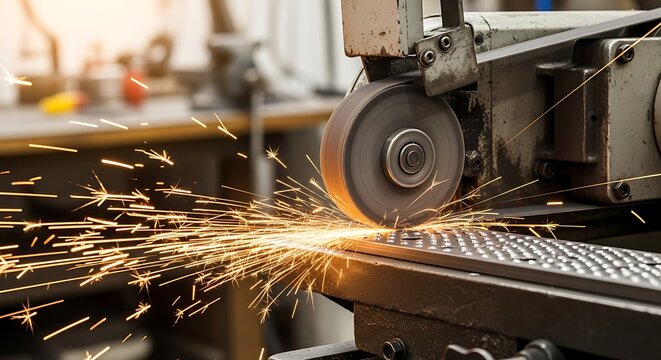 Metal Grinder Creates Bright Orange Sparks in Workshop Setting