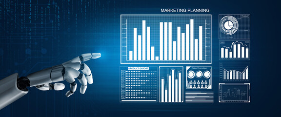 A robotic hand interacts with a digital interface displaying marketing data, charts, and graphs, symbolizing innovation in business planning and analysis. Impute