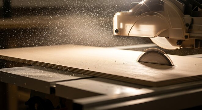 Circular Saw Cutting Pale Wood Planks with Flying Sawdust