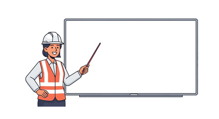 A smiling female engineer in a hard hat and safety vest using a pointer to present information on a blank whiteboard