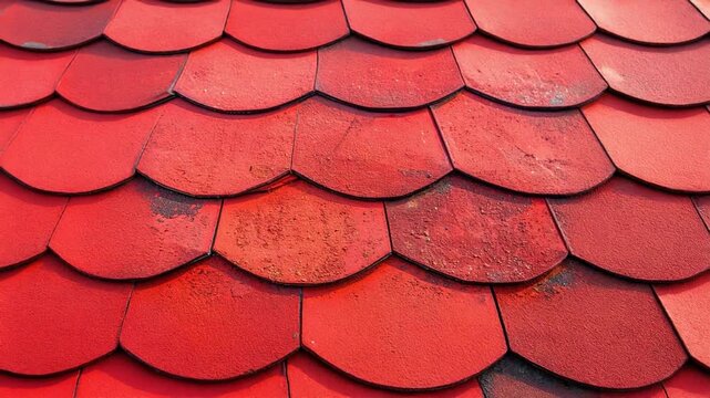 Red scalloped roof tiles sweeping shot, showing traditional texture and bold pattern. Architecture, home design, and historic building material.