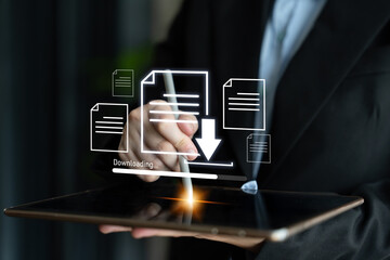 Visual representation of digital document downloading, showing file transfer, data access, and...