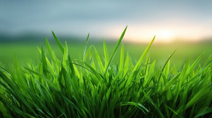 Fototapeta premium Lush Green Grass Growing in a Beautiful Landscape Under Soft Morning Light with a Dreamy Sky in the Background