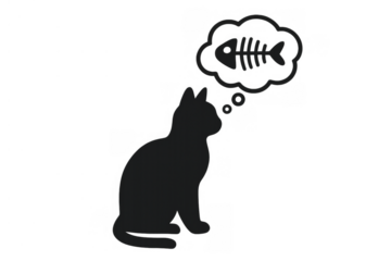 Cat silhouette thinking about a fishbone in a thought bubble, symbolizing hunger, desire, and animal craving. Transparent background