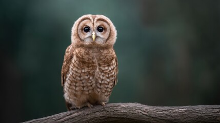 Obraz premium Close-Up Portrait of an Adorable Owl with Large Eyes Perched on a Branch Surrounded by a Beautiful Natural Setting in Soft Focus Background