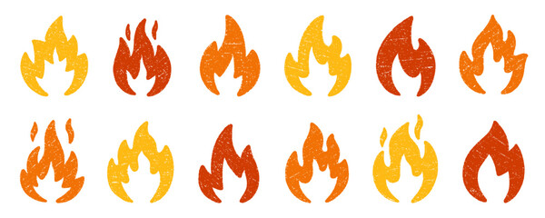 Crayon fire flame doodle set. Punk rock burning elements in sketch style, grunge chalk texture. Hand drawn vector illustration isolated on white background