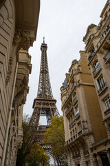 Walking in Paris in autumn, view on streets and buildings and iconic Eiffel tower in daytime