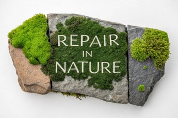 Stone rocks with moss and text concept in a natural environment