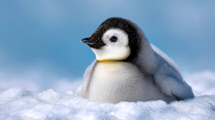 Adorable baby penguin resting on soft snow under a clear blue sky, showcasing its fluffy feathers and charming facial expression in a serene natural habitat