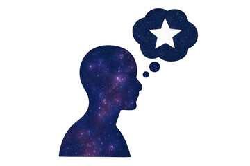 Person silhouette with starry galaxy texture thinking about a five-point star in a thought cloud. Transparent background