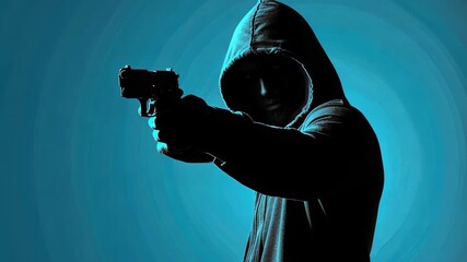 Shadowed Threat: A mysterious figure, hooded and silhouetted, directs a firearm, creating a sense of impending danger and suspense. The scene is bathed in cold blue light.